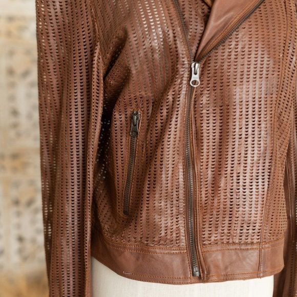 Women’s jakett New York Brown‎ Leather Perforated Moto Jacket sz M - Picture 5 of 17